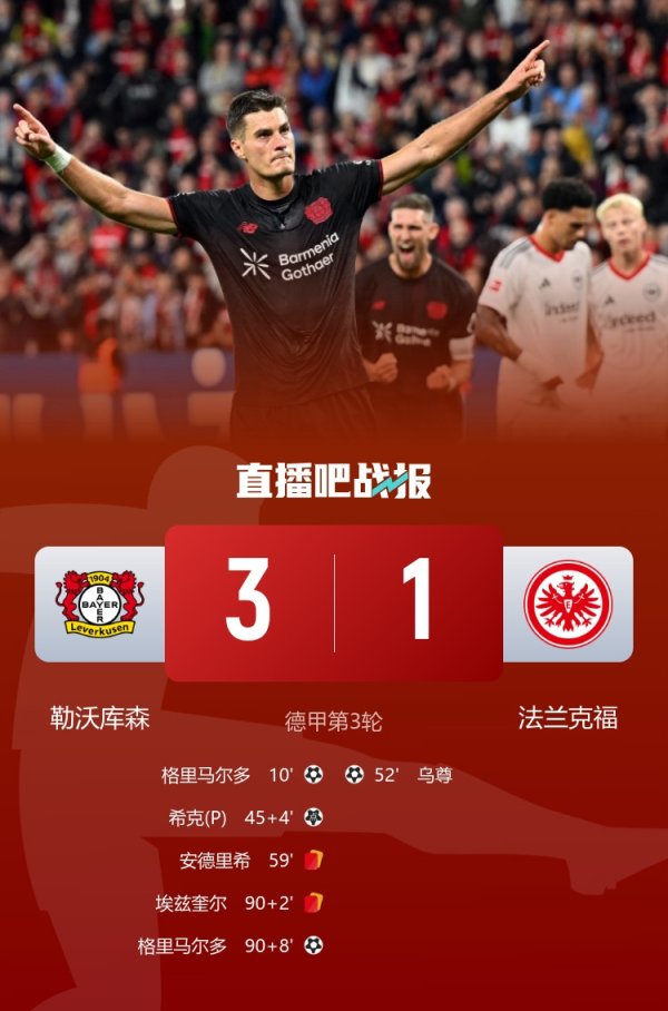 同花易配 德甲-九人勒沃库森3-1法兰克福联赛首胜 格里马尔多双响希克点射